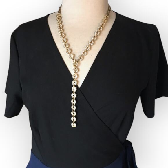 None and/or Unknown Jewelry - Exquisite construction heavy gold tone and rhinestone Y-necklace